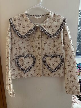 Rare raw Cream Teddy-Print Heart Pocket Jean Jacket